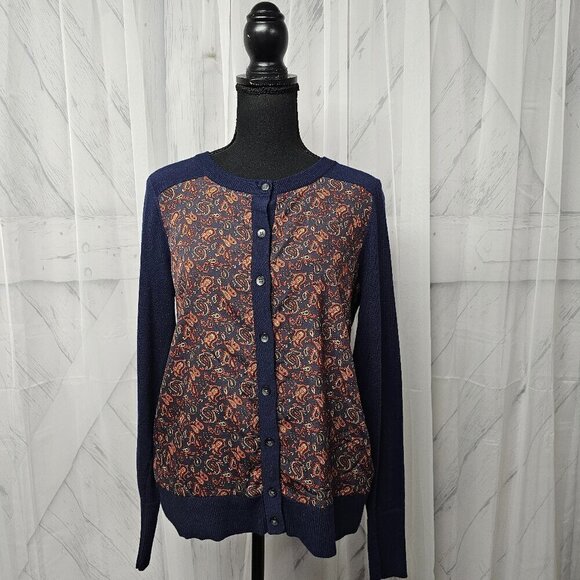 Eddie Bauer Navy and Orange Paisley Cardigan - Picture 1 of 12
